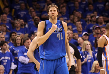 OKLAHOMA CITY, OK - MAY 23:  Dirk Nowitzki #41 of the Dallas Mavericks reacts in overtime while taking on the Oklahoma City Thunder in Game Four of the Western Conference Finals during the 2011 NBA Playoffs at Oklahoma City Arena on May 23, 2011 in Oklaho