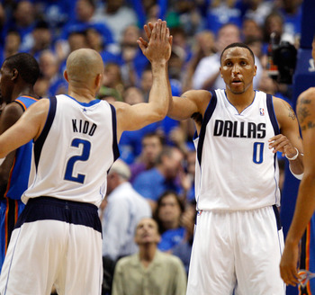 DALLAS, TX - MAY 17:  (C) Shawn Marion #0 of the Dallas Mavericks reacts with teammate Jason Kidd #2 in the third quarter while taking on the Oklahoma City Thunder in Game One of the Western Conference Finals during the 2011 NBA Playoffs at American Airli