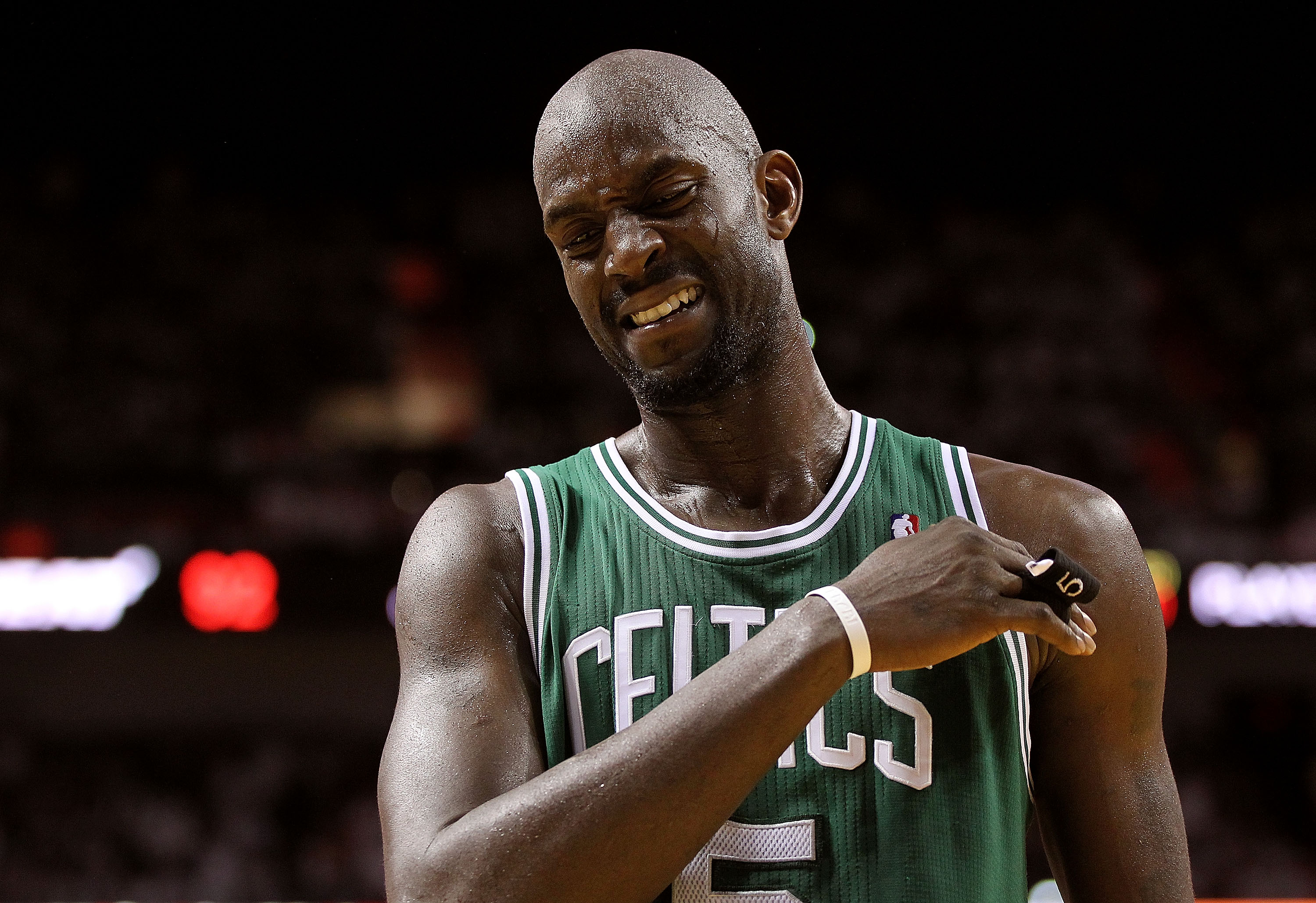 MIAMI, FL - MAY 03:  Kevin Garnett #5 of the Boston Celtics reacts to a foul during Game Two of the Eastern Conference Semifinals of the 2011 NBA Playoffs against the Miami Heat at American Airlines Arena on May 3, 2011 in Miami, Florida. NOTE TO USER: Us