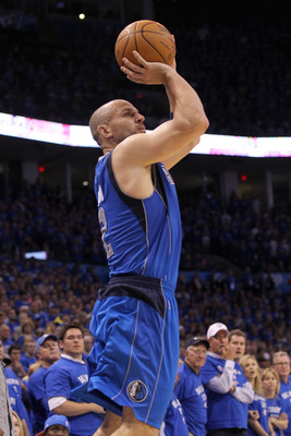 OKLAHOMA CITY, OK - MAY 23:  Jason Kidd #2 of the Dallas Mavericks makes a three-point shot in overtime against the Oklahoma City Thunder in Game Four of the Western Conference Finals during the 2011 NBA Playoffs at Oklahoma City Arena on May 23, 2011 in