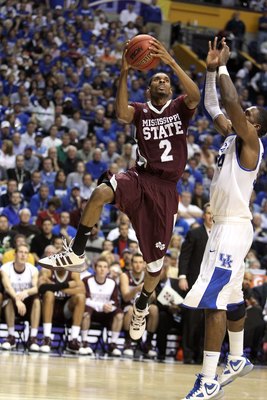 NASHVILLE, TN - MARCH 14:  Ravern Johnson #2 of the Mississippi State Bulldogs drives for a shot attempt against the Kentucky Wildcats during the final of the SEC Men's Basketball Tournament at the Bridgestone Arena on March 14, 2010 in Nashville, Tenness