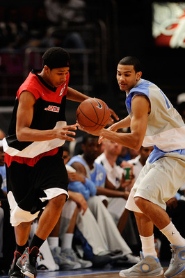 NEW YORK - APRIL 17:  Jelan Kendrick #45 of East team and Cory Joseph #15 of West Team reach for the ball during the National Game at the 2010 Jordan Brand classic at Madison Square Garden on April 17, 2010 in New York City.  (Photo by Jeff Zelevansky/Get