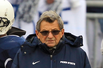 STATE COLLEGE, PA - NOVEMBER 27: Head coach Joe Paterno of the Penn State Nittany Lions stands on the sideline during a game against the Michigan State Spartans on November 27, 2010 at Beaver Stadium in State College, Pennsylvania. The Spartans won 28-22.