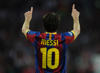 LONDON, ENGLAND - MAY 28:  Lionel Messi of FC Barcelona celebrates scoring their second goal during the UEFA Champions League final between FC Barcelona and Manchester United FC at Wembley Stadium on May 28, 2011 in London, England.  (Photo by Jasper Juin