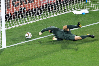 RUSTENBURG, SOUTH AFRICA - JUNE 12:  Robert Green of England misjudges the ball and lets in a goal during the 2010 FIFA World Cup South Africa Group C match between England and USA at the Royal Bafokeng Stadium on June 12, 2010 in Rustenburg, South Africa