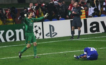 MOSCOW - MAY 21:  Edwin Van der Sar of Manchester United celebrates after John Terry of Chelsea misses a penalty during the UEFA Champions League Final match between Manchester United and Chelsea at the Luzhniki Stadium on May 21, 2008 in Moscow, Russia.