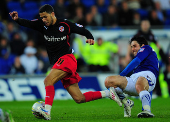 CARDIFF, WALES - MAY 17: Reading player Jobi Mcanuff in action during the npower Championship Play Off Semi Final Second Leg between Cardiff City and Reading at Cardiff City Stadium on May 17, 2011 in Cardiff, Wales. (Photo by Stu Forster/Getty Images)