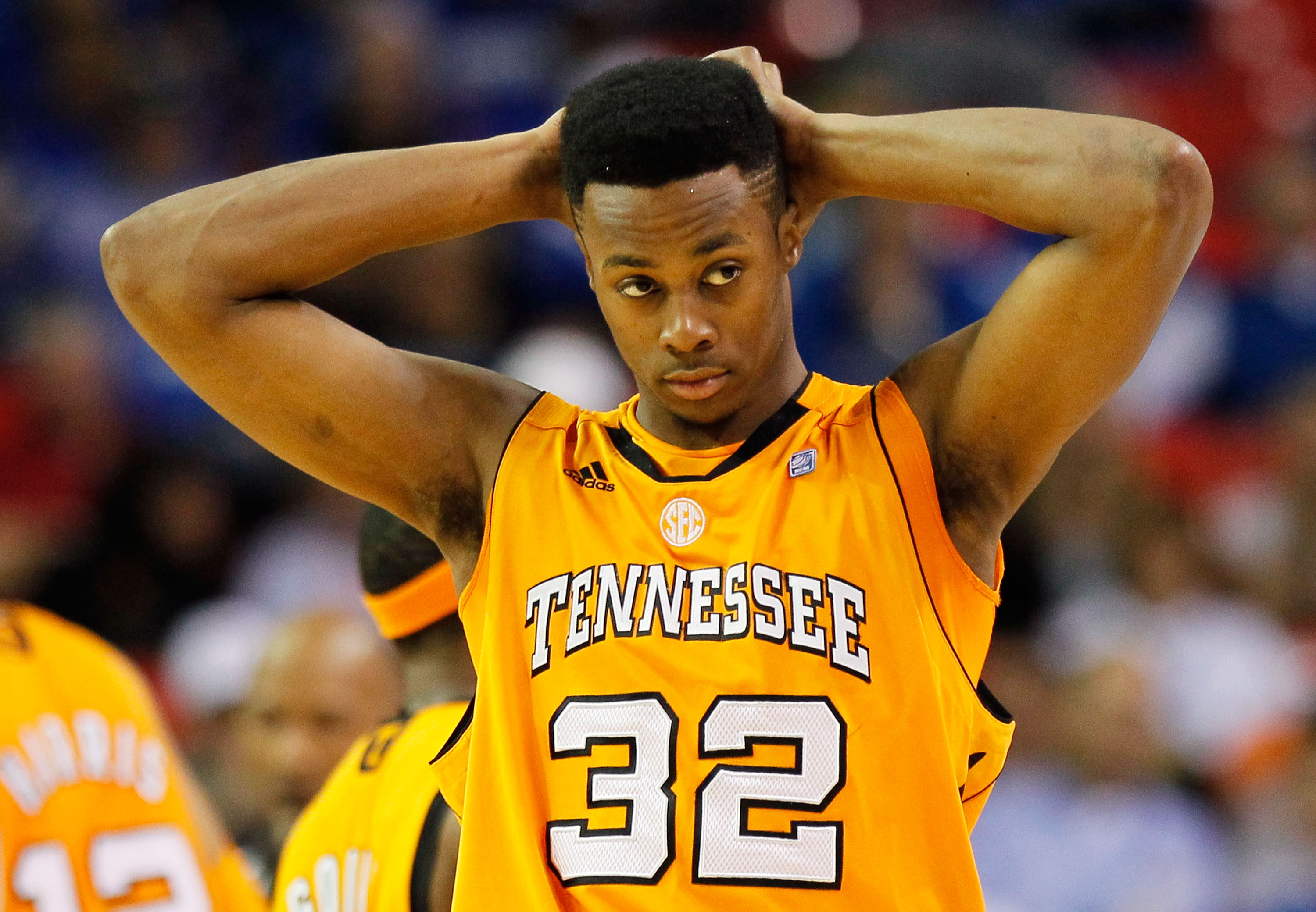 ATLANTA, GA - MARCH 11:  Scotty Hopson #32 of the Tennessee Volunteers reacts during their game against the Florida Gators in the quarterfinals of the SEC Men's Basketball Tournament at Georgia Dome on March 11, 2011 in Atlanta, Georgia.  (Photo by Kevin
