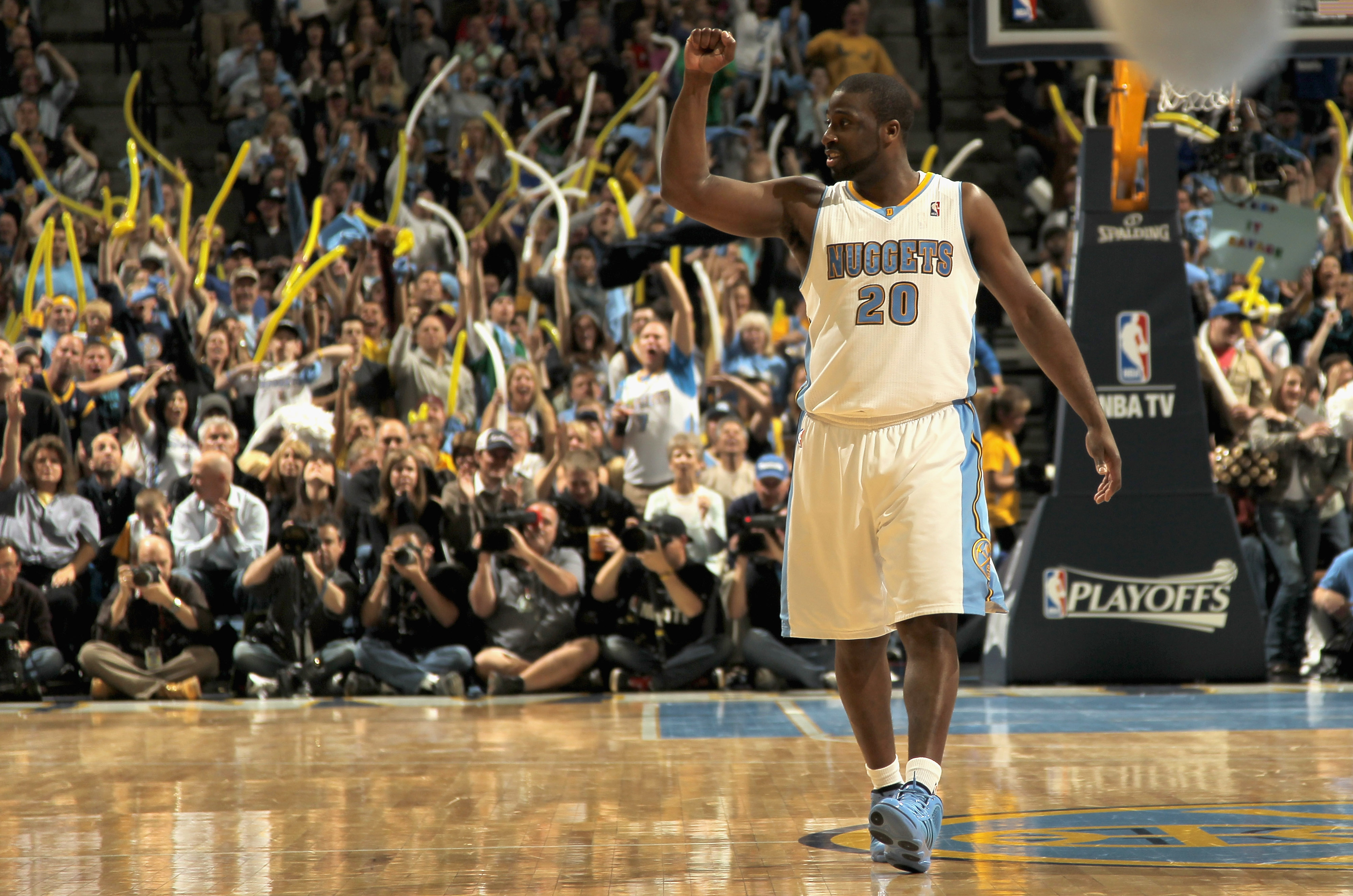DENVER, CO - APRIL 25:  Raymond Felton #20 of the Denver Nuggets celebrates late in the fourth quarter against the Oklahoma City Thunder in Game Four of the Western Conference Quarterfinals in the 2011 NBA Playoffs on April 24, 2011 at the Pepsi Center in