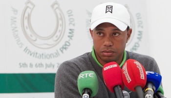 LIMERICK, IRELAND - JULY 06:  Tiger Woods speaks at a press conference at the end of his second round of The JP McManus Invitational Pro-Am event at the Adare Manor Hotel and Golf Resort on July 6, 2010 in Limerick, Ireland.  (Photo by Patrick Bolger/Gett