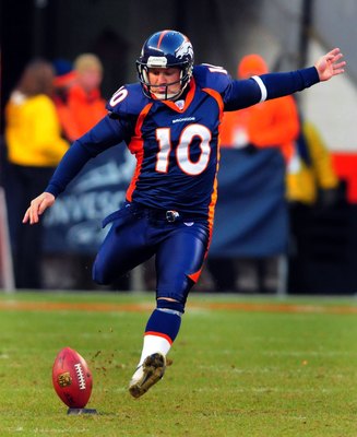 DENVER - DECEMBER 9:  Todd Sauerbrun #10 of the Denver Broncos kicks off during the football game against the Kansas City Chiefs at Invesco Field at Mile High on December 9, 2007 in Denver, Colorado.  (Photo by Steve Dykes/Getty Images)