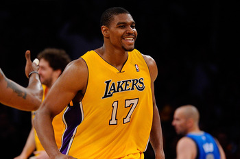 LOS ANGELES, CA - MAY 04:  Andrew Bynum #17 of the Los Angeles Lakers reacts in the first half while taking on the Dallas Mavericks in Game Two of the Western Conference Semifinals in the 2011 NBA Playoffs at Staples Center on May 4, 2011 in Los Angeles,
