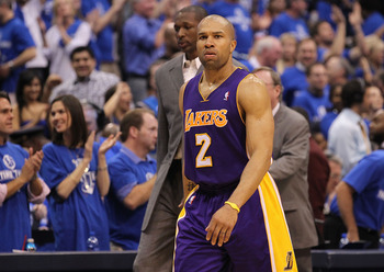 DALLAS, TX - MAY 06:  Guard Derek Fisher #2 of the Los Angeles Lakers leaves the court after a 98-92 loss against the Dallas Mavericks in Game Three of the Western Conference Semifinals during the 2011 NBA Playoffs on May 6, 2011 at American Airlines Cent