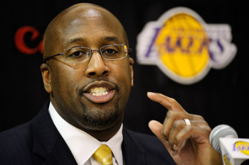 EL SEGUNDO, CA - MAY 31:  Mike Brown, the new head coach for the Los Angeles Lakers, speaks during his introductory news conference at the team's training facility on May 31, 2011 in El Segundo, California. Brown replaced Lakers coach Phil Jackson, who re