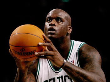BOSTON, MA - OCTOBER 26: Shaquille O'Neal #36 of the Boston Celtics prepares to shoot a free-throw shot against the Miami Heat to the basket at the TD Banknorth Garden on October 26, 2010 in Boston, Massachusetts. NOTE TO USER: User expressly acknowledges
