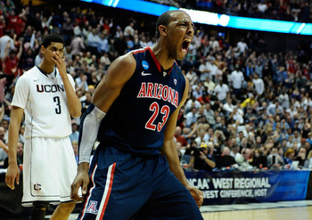 ANAHEIM, CA - MARCH 26:  Derrick Williams #23 of the Arizona Wildcats reacts after a dunk against of the Connecticut Huskies during the west regional final of the 2011 NCAA men's basketball tournament at the Honda Center on March 26, 2011 in Anaheim, Cali