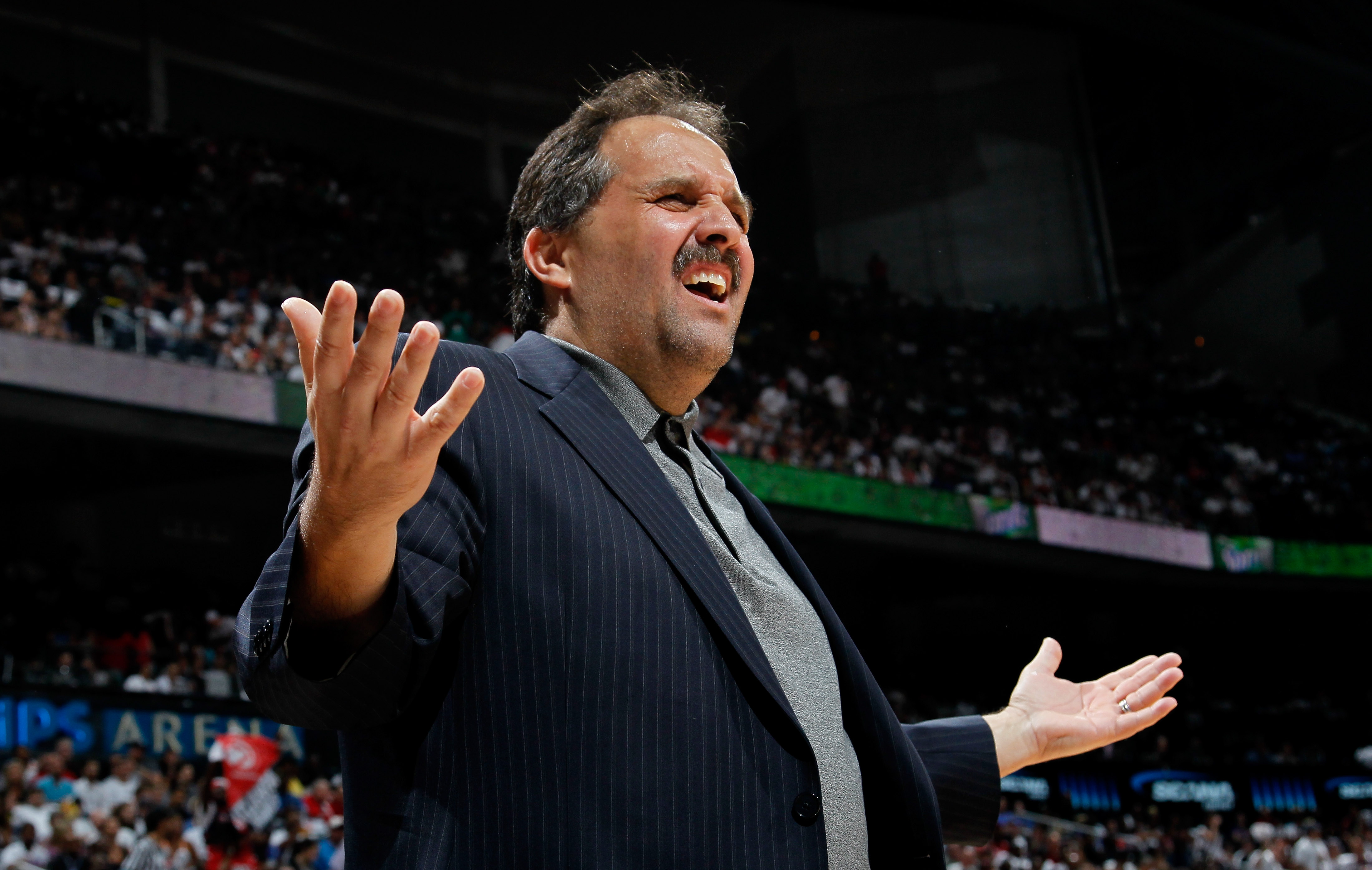 ATLANTA, GA - APRIL 28:  Stan Van Gundy of the Orlando Magic questions a call by the official during Game Six of the Eastern Conference Quarterfinals in the 2011 NBA Playoffs against the Atlanta Hawks at Philips Arena on April 28, 2011 in Atlanta, Georgia