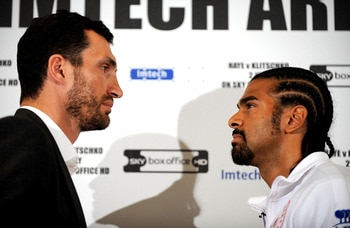 LONDON, ENGLAND - MAY 10: David Haye and Wladimir Klitschko go head to head during the David Haye v Wladimir Klitschko Press Conference at the Park Plaza Hotel on May 10, 2011 in London, England. (Photo by Christopher Lee/Getty Images)