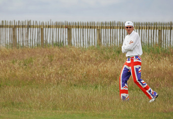 TROON, SCOTLAND - JULY 15: Ian Poulter of England wearing his Union Jack trousers during the first round of the 133rd Open Championship at the Royal Troon Golf Club on July 15, 2004 in Troon, Scotland.  (Photo by Andrew Redington/Getty Images)