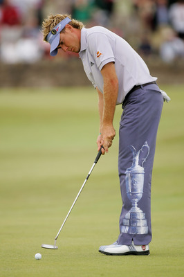 ST. ANDREWS, UNITED KINGDOM - JULY 14:  Ian Poulter of England putts on the first green wearing his claret jug trousers during the first round of the 134th Open Championship at Old Course, St. Andrews Golf Links, July 14, 2005 in St. Andrews, Scotland.  (