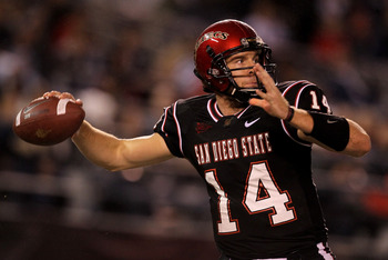 SAN DIEGO - NOVEMBER 20: Quarterback Ryan Lindley #14 of the San Deigo State Aztecs throws a pass against the Utah Utes at Qualcomm Stadium on November 20, 2010 in San Diego, California. (Photo by Stephen Dunn/Getty Images)