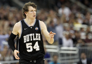 HOUSTON, TX - APRIL 04:  Matt Howard #54 of the Butler Bulldogs reacts after a play against the Connecticut Huskies during the National Championship Game of the 2011 NCAA Division I Men's Basketball Tournament at Reliant Stadium on April 4, 2011 in Housto
