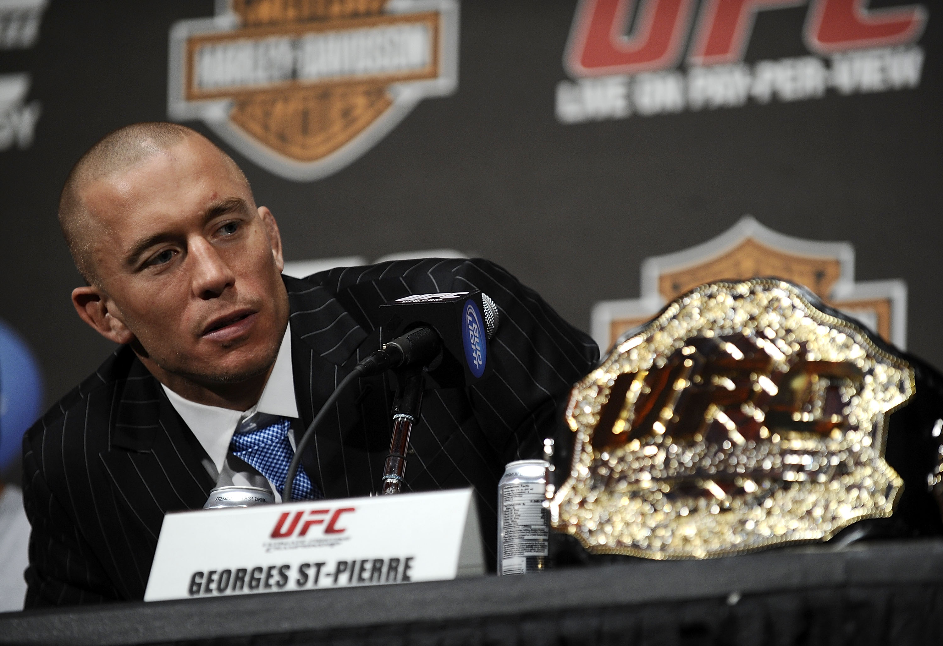 NEW YORK - MARCH 24:  Georges St-Pierre of Montreal, Quebec, Canada speaks at a press conference for UFC 111 at Radio City Music Hall on March 24, 2010 in New York City.  St-Pierre will face Dan Hardy of Nottingham UK in the Welterweight title bout.  (Pho