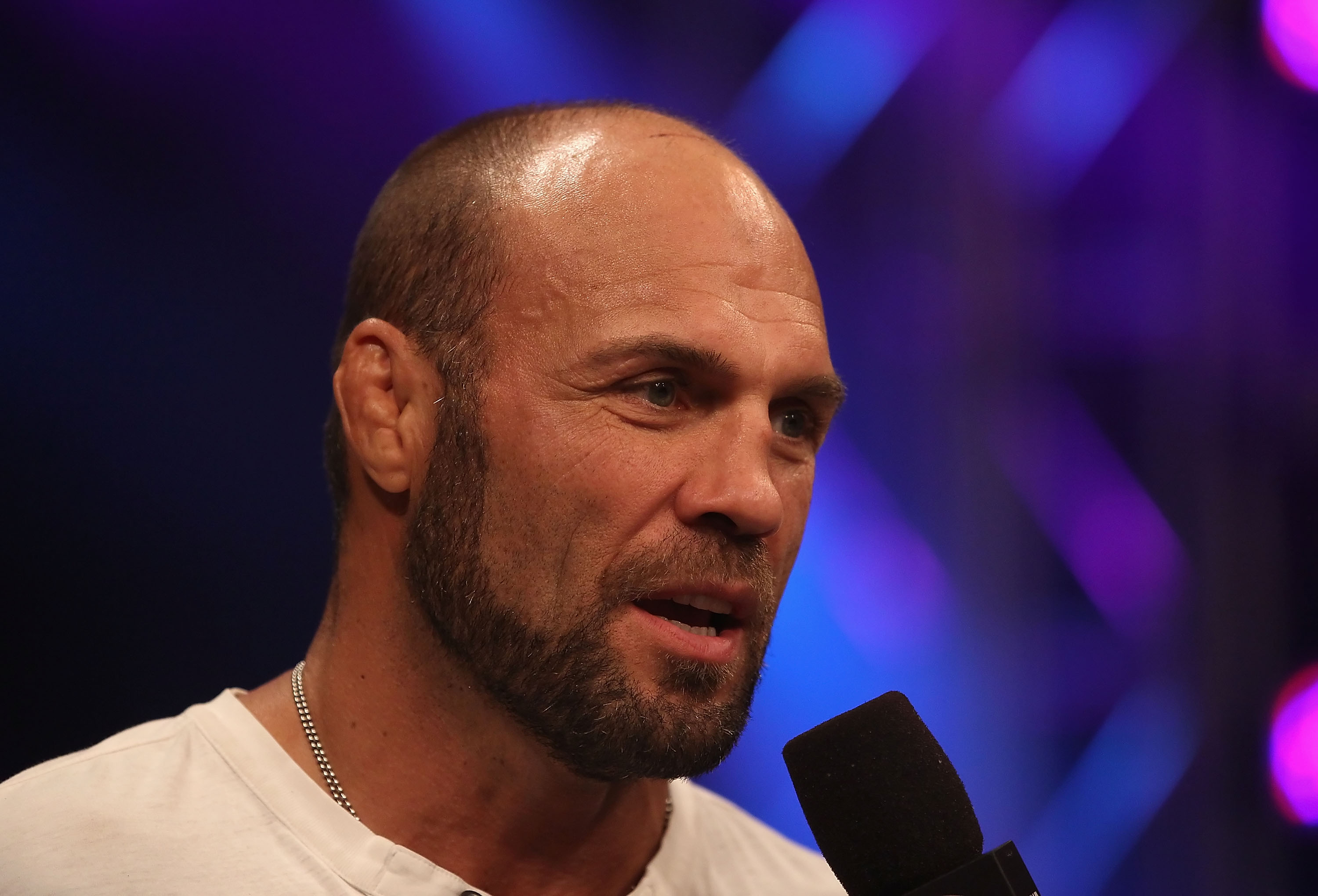 PHOENIX - AUGUST 13:  Randy Couture speaks with the media during the Strikeforce Challengers Main Card bout at Dodge Theater on August 13, 2010 in Phoenix, Arizona.  (Photo by Christian Petersen/Getty Images)