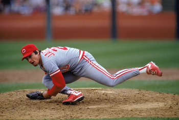 1990:  Danny Jackson of the Cincinnati Reds falls after his pitch during a MLB game in the 1990 season. ( Photo by: Otto Greule Jr/Getty Images)