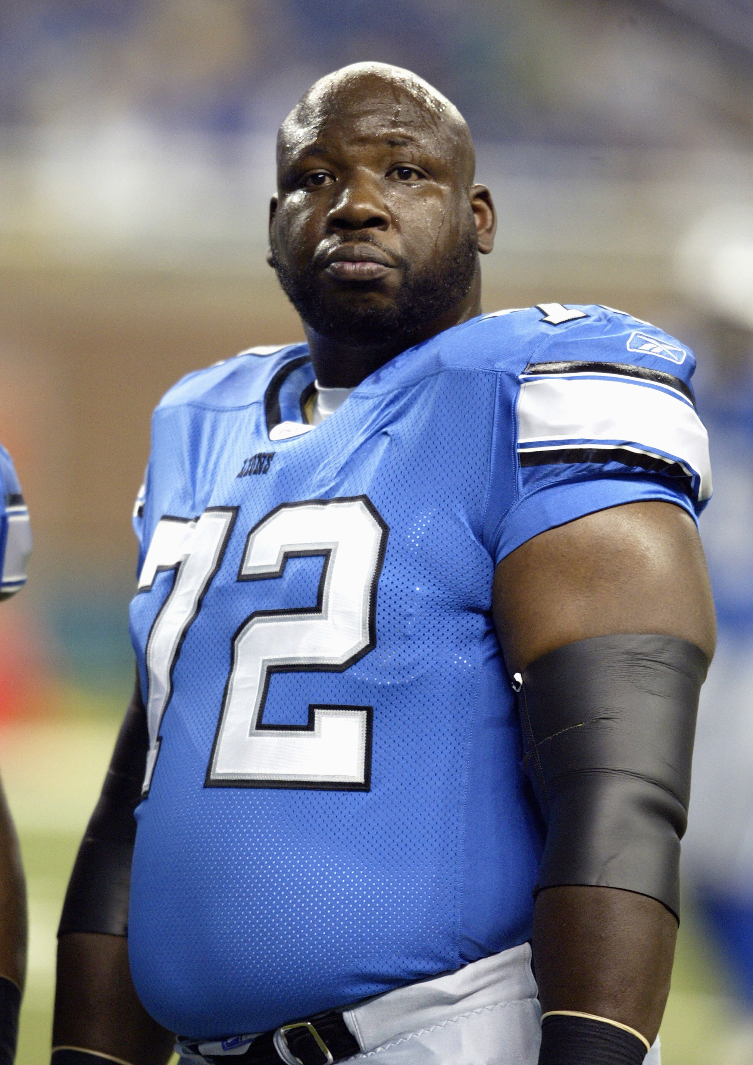 DETROIT- AUGUST 20:  Defensive tackle Dan Wilkinson #72 of the Detroit Lions stands with his helmet off during the preseason game against the Cleveland Browns on August 20, 2005 at Ford Field in Detroit, Michigan. The Browns won 21-13. (photo by Tom Pidge