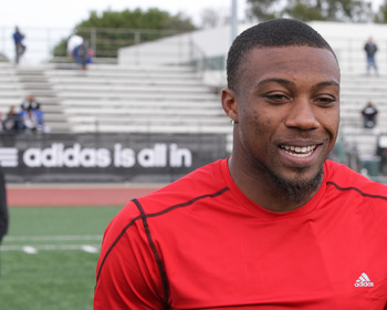 LOS ANGELES, CA - MARCH 19:  adidas and Eric Berry pop into a football practice in Los Angeles to capture game faces as part of the adidas Facebook Game Face contest.  (Photo by Noel Vasquez/Getty Images for adidas)