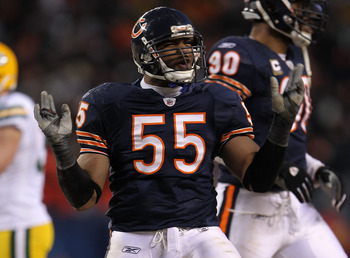 CHICAGO, IL - JANUARY 23:  Lance Briggs #55 of the Chicago Bears reacts while taking on the Green Bay Packers in the NFC Championship Game at Soldier Field on January 23, 2011 in Chicago, Illinois.  (Photo by Jamie Squire/Getty Images)
