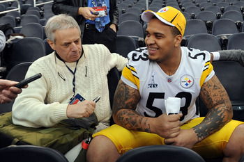 ARLINGTON, TX - FEBRUARY 01:  Maurkice Pouncey #53 of the Pittsburgh Steelers is interviewed during Super Bowl XLV Media Day ahead of Super Bowl XLV at Cowboys Stadium on February 1, 2011 in Arlington, Texas. The Pittsburgh Steelers will play the Green Ba