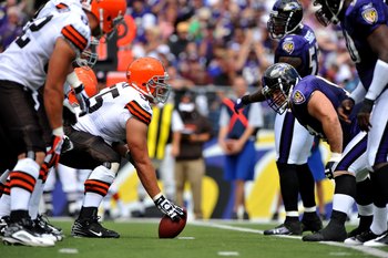 BALTIMORE - SEPTEMBER 27:  Alex Mack #55 of the Cleveland Browns snaps the ball against the Baltimore Ravens at M&T Bank Stadium on September 27, 2009 in Baltimore, Maryland. The Ravens defeated the Browns 34-3. (Photo by Larry French/Getty Images)