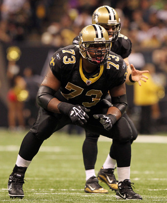 NEW ORLEANS, LA - OCTOBER 31: Jahri Evans #73 of the New Orleans Saints in action during the game against the Pittsburgh Steelers at the Louisiana Superdome on October 31, 2010 in New Orleans, Louisiana. (Photo by Matthew Sharpe/Getty Images)