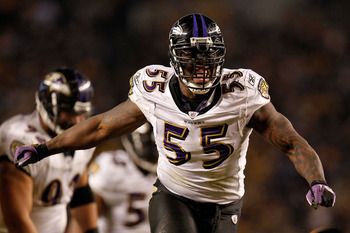 PITTSBURGH, PA - JANUARY 15:  Linebacker Terrell Suggs #55 of the Baltimore Ravens reacts after a play against the Pittsburgh Steelers during the AFC Divisional Playoff Game at Heinz Field on January 15, 2011 in Pittsburgh, Pennsylvania.  (Photo by Gregor