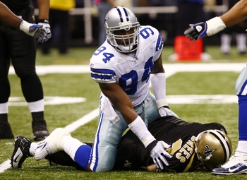 NEW ORLEANS - DECEMBER 19:  Linebacker DeMarcus Ware #94 of the Dallas Cowboys sacks quarterback Drew Brees #9 of the New Orleans Saints at the Louisiana Superdome on December 19, 2009 in New Orleans, Louisiana. (Photo by Scott Halleran/Getty Images)