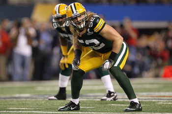 ARLINGTON, TX - FEBRUARY 06:  Clay Matthews #52 of the Green Bay Packers looks on from the field against the Pittsburgh Steelers during Super Bowl XLV at Cowboys Stadium on February 6, 2011 in Arlington, Texas.  (Photo by Ronald Martinez/Getty Images)