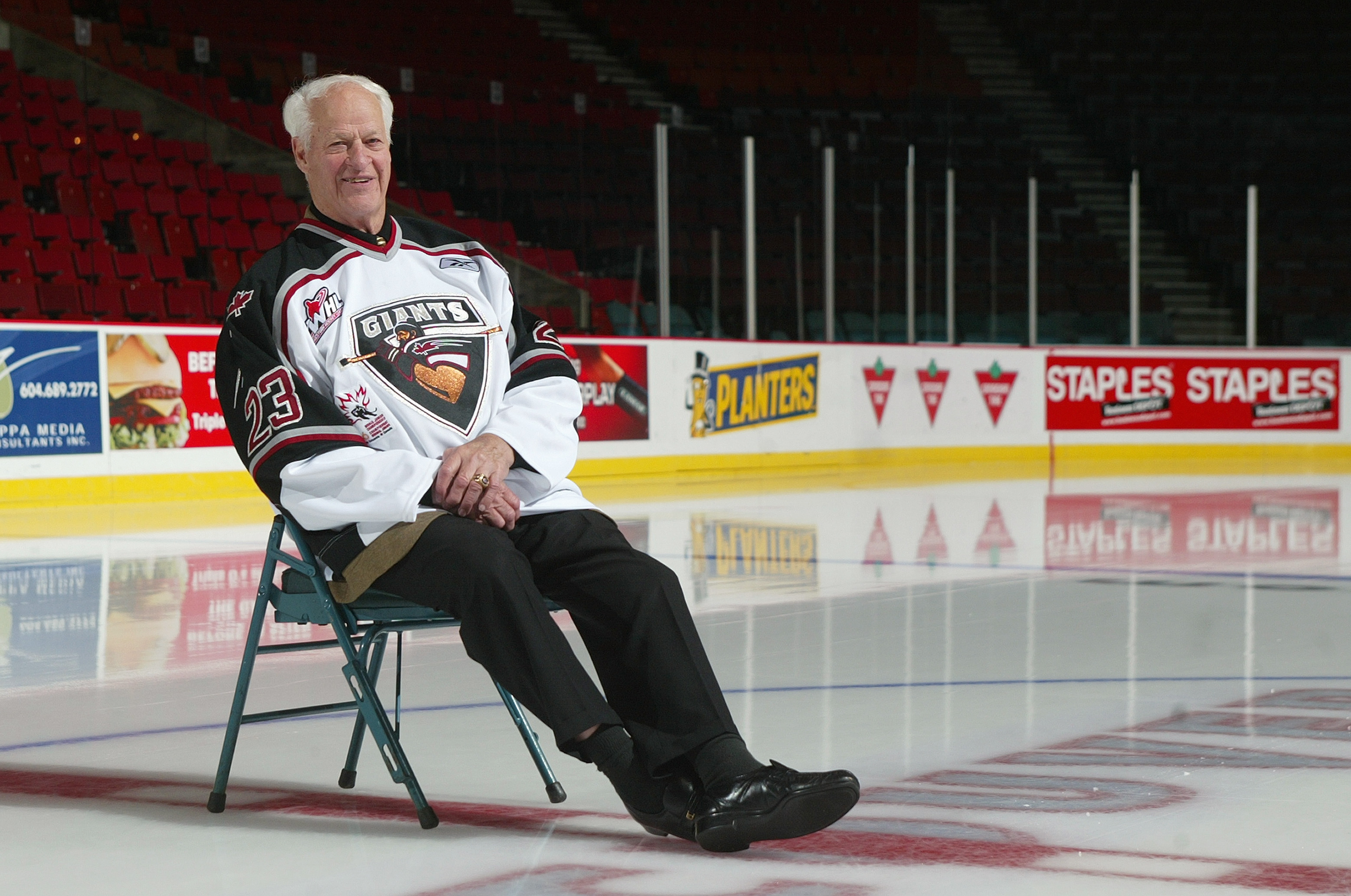 VANCOUVER, CANADA - OCTOBER 28:  Partial Owner of the Vancouver Giants Gordie Howe, aka 'Mr. Hockey, poses for a portrait during his visit for his annual inspection of the Vancouver Giants prior to their WHL game against the Everett Silvertips on October