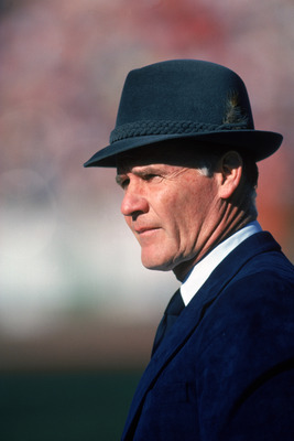 SAN FRANCISCO - JANUARY 10:  Head coach Tom Landry of the Dallas Cowboys watches from the sideline during a game against the San Francisco 49ers at Candlestick Park on January 10, 1982 in San Francisco, California. Tom Landry coached the Cowboys from 1960