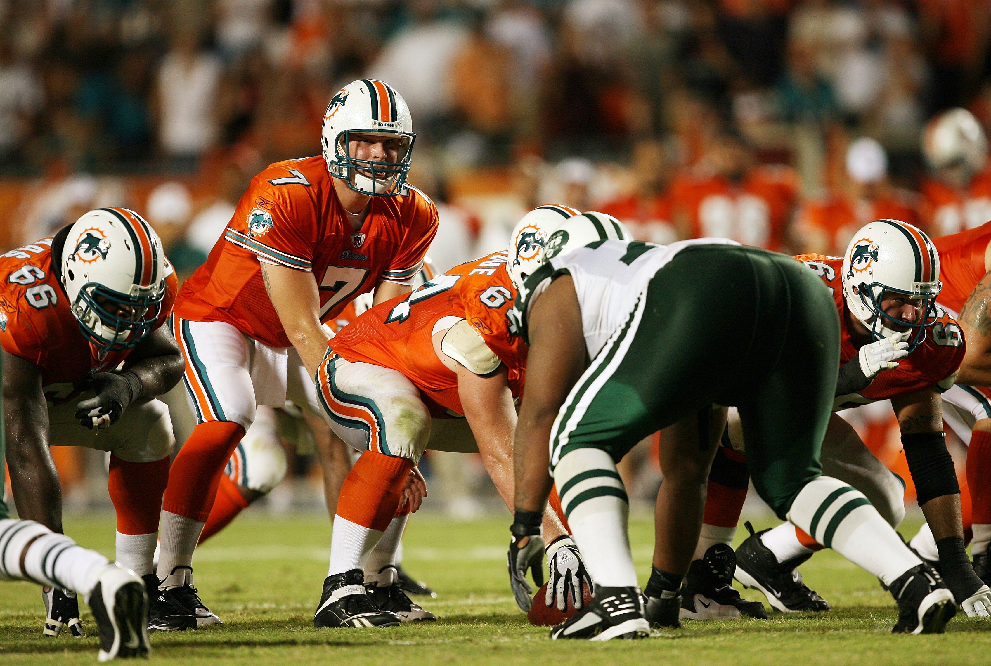 Miami Dolphins - Quarterback Chad Henne (7) hands off to running