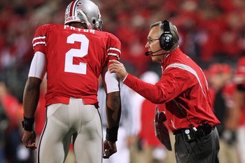 COLUMBUS, OH - OCTOBER 25: Ohio State Buckeyes head coach Jim Tressell instructs his quarterback Terrell Pryor #2 during the game against the Penn State Nittany Lions on October 25, 2008 at Ohio Stadium in Columbus, Ohio. (Photo by Jamie Sabau/Getty Imag