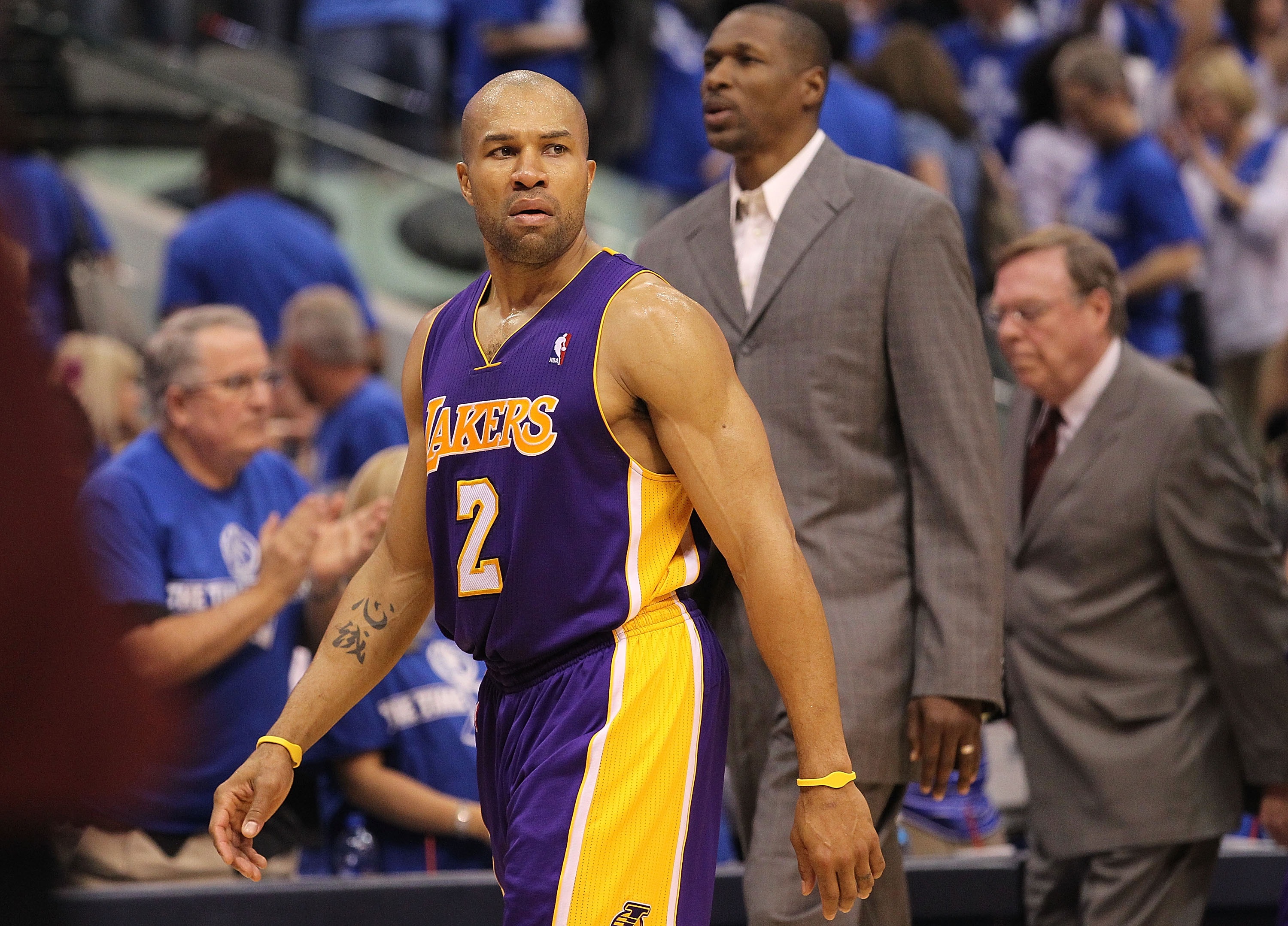 DALLAS, TX - MAY 06: Guard Derek Fisher #2 of the Los Angeles Lakers leaves the court after a 98-92 loss against the Dallas Mavericks in Game Three of the Western Conference Semifinals during the 2011 NBA Playoffs on May 6, 2011 at American Airlines Cent