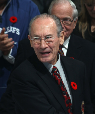 TORONTO, ON - NOVEMBER 06: Pierre Pilote attends a ceremony prior to the game between the Toronto Maple Leafs and the Buffalo Sabres at the Air Canada Centre on November 6, 2010 in Toronto, Canada.  (Photo by Bruce Bennett/Getty Images)