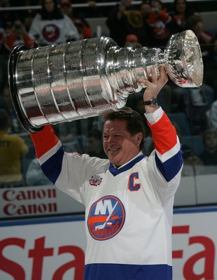 UNIONDALE, NY - MARCH 02:  Denis Potvin of 'The 'Core of the Four' New York Islanders Stanley Cup championships take part in a ceremony prior to the Islanders game against the Florida Panthers on March 2, 2008 at the Nassau Coliseum in Uniondale, New York