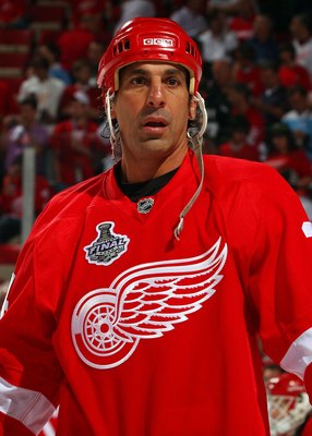 DETROIT - JUNE 12:  Chris Chelios #24 of the Detroit Red Wings warms up before playing against the Pittsburgh Penguins in Game Seven of the 2009 NHL Stanley Cup Finals at Joe Louis Arena on June 12, 2009 in Detroit, Michigan.  (Photo by Jim McIsaac/Getty