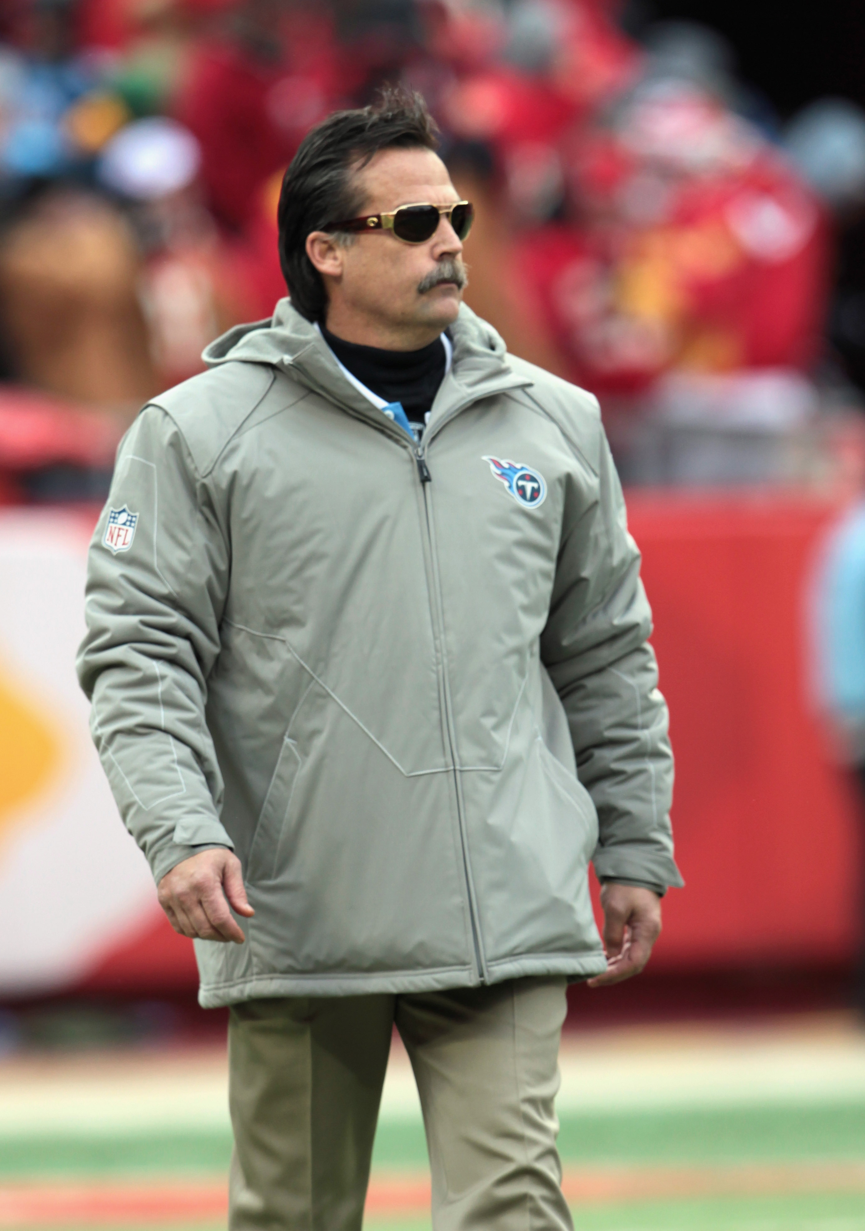 KANSAS CITY, MO - DECEMBER 26: Head coach Jeff Fisher of the Tennessee Titans looks on from the sidelines during the game against the Kansas City Chiefs on December 26, 2010 at Arrowhead Stadium in Kansas City, Missouri. (Photo by Jamie Squire/Getty Ima