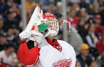 BUFFALO, NY - MARCH 2:  Goaltender Dominik Hasek #39 of the Detroit Red Wings takes in fluids during a break in NHL game action against the Buffalo Sabres on March 2, 2008 at HSBC Arena in Buffalo, New York. The Red Wings defeated the Sabres 4-2. (Photo b