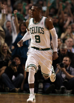 BOSTON, MA - MAY 07: Rajon Rondo #9 of the Boston Celtics heads down court after he scored on a break away in the second half against the Miami Heat in Game Three of the Eastern Conference Semifinals in the 2011 NBA Playoffs on May 7, 2011 at the TD Garde