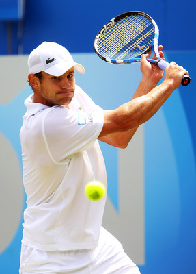 LONDON, ENGLAND - JUNE 09:  Andy Roddick of the United States eyes the ball during his Men's Singles third round match against Kevin Anderson of South Africa on day four of the AEGON Championships at Queens Club on June 9, 2011 in London, England.  (Photo